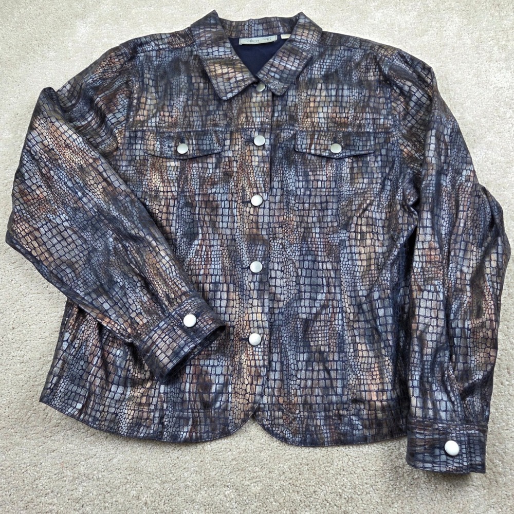 VTG Birch Hill Metallic Snake Skin Jacket Silver Grey Brown‎ Trucker Y2K XL